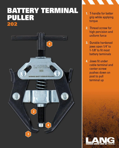 Lang Tools 202 Battery Terminal Puller with T-handle and hardened jaws for auto battery terminal removal.