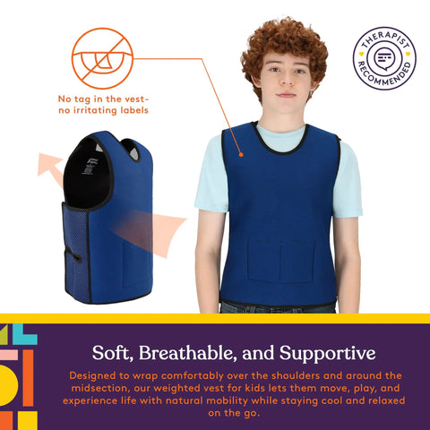 Child wearing Adjustable Kids Weighted Vest For Deep Pressure Sensory Comfort With Removable Sandbags, showcasing fit and design.