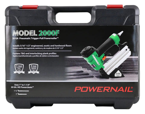 Slick 20 Gauge Pneumatic L Cleat Flooring Nailer Kit For Snapping Down Engineered And Hardwood Planks With Quick Trigger Pull Activation in carry case.