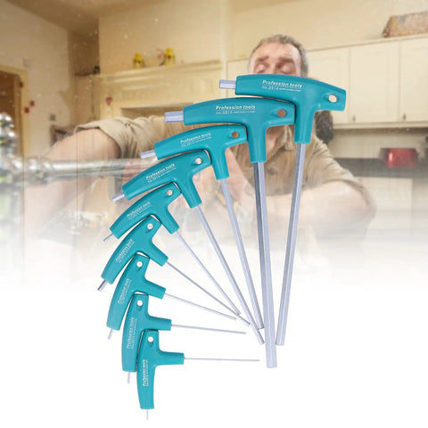 Chilled T Handle Hex Wrench Set with 9 Double Head Chrome Steel Keys Featuring Non Slip PP Grip For Home Furniture Repair And Auto Maintenance In Cool Storage Bag, set shown