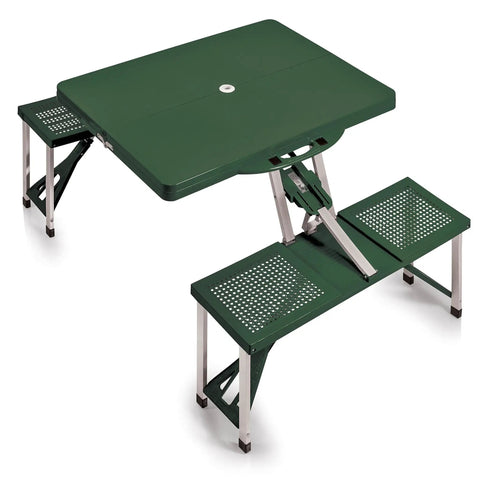 Foldable Picnic Table With Built-In Benches For Four, Outdoor Camping Table With Umbrella Hole, Hunter Green