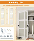 Frosted Glass Sliding Closet Door Kit With Hardware, 72 By 80 Inches, Double Barn Doors, Three Panel Tempered Glass, Pre Drilled Panels, Paintable MDF Surface, White Finish, No Fuss Assembly installed in closet