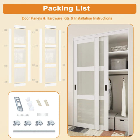 Frosted Glass Sliding Closet Door Kit With Hardware, 72 By 80 Inches, Double Barn Doors, Three Panel Tempered Glass, Pre Drilled Panels, Paintable MDF Surface, White Finish, No Fuss Assembly installed in closet