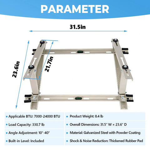 Dimensions and specifications of the Rooftop Mini Split Mount Bracket For Ductless AC And Heat Pump on display.