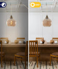 Day and night view of Plug In Pendant Light With Dimmable Switch And Blue Glass Hammered Globe Shade For Dining Room