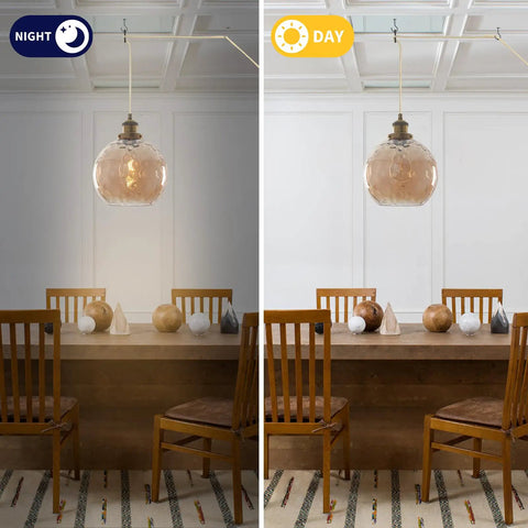 Day and night view of Plug In Pendant Light With Dimmable Switch And Blue Glass Hammered Globe Shade For Dining Room
