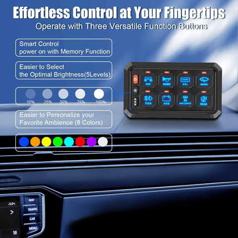 8 Gang RGB Switch Panel With 5 Level Brightness Button For Universal Automotive Circuit Control Relay Car Touch LED System Box Easy Install No Drilling Centralized Control For 8 Devices Weather Resistant Seamless Cable Management on car dashboard