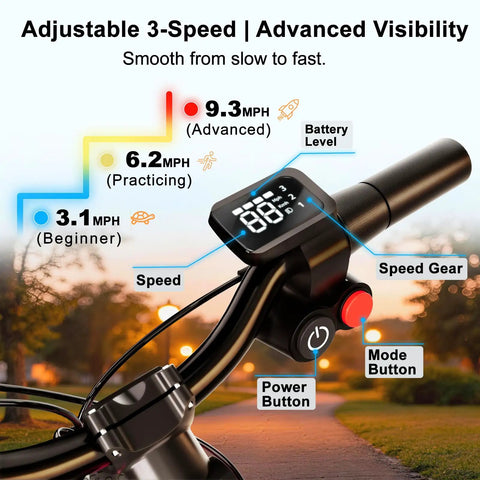 Electric Balance Bike For Kids Ages 3 To 7 With 14 Inch Pneumatic Tires, 24V 270W Motor, Kick To Start Safe Ride, Rear Drum Brake, 3 Speeds Up To 9.3 MPH, Lightweight Magnesium Alloy Frame, Adjustable Seat Pink handlebar display with speed and battery settings