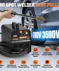Dent Puller Welder 3500W Spot Welding Tool for auto body repair showing control panel and welding torch near car body