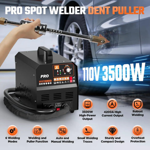 Dent Puller Welder 3500W Spot Welding Tool for auto body repair showing control panel and welding torch near car body