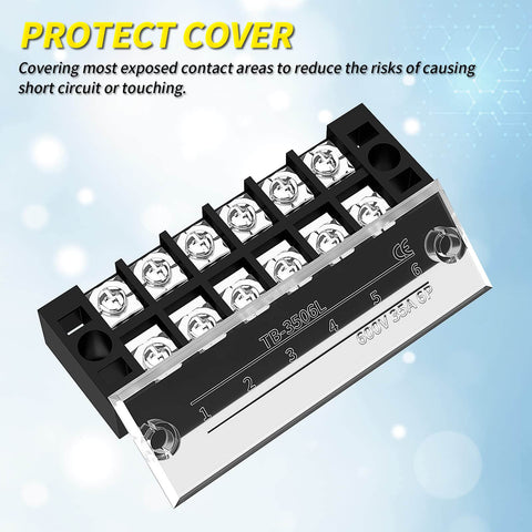 Heavy Duty Dual Row Six Position Screw Terminal Block Kit With Cover And Pre Insulated Jumpers 35A 600V Rating Dual Row Terminal Strip
