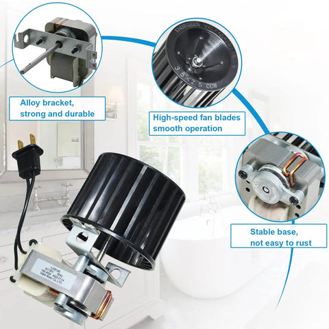 Upgraded Replacement Fan Blower Assembly For Bathroom Bulb Heaters That Fits Like A Pro In Your Bathroom And Works With 162E G J K L M And 164E G J K L M Replaces Part Numbers 97009796 97009758 97009796B showing alloy bracket and fan blades.