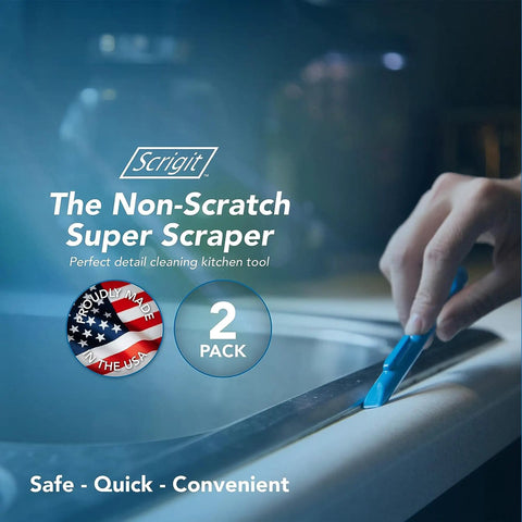 Hand using Plastic Scraper Tool No Scratch Multi Use 5 Pack For Food Labels Stickers Paint And Grease Go To Cleanup