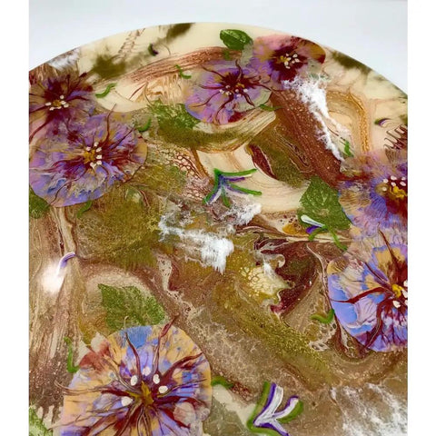 Close-up of 18 Inch Floral Epoxy Resin Lazy Susan With Turquoise Painted Wooden Base Farmhouse Serving Tray And Turntable For Dining Table