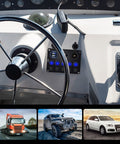 Boat dashboard with Blue 5 Gang Marine Rocker Switch Panel featuring USB charger, voltmeter, and cigarette lighter socket.