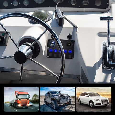 Boat dashboard with Blue 5 Gang Marine Rocker Switch Panel featuring USB charger, voltmeter, and cigarette lighter socket.