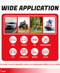 Wide application graphic showing compatibility of Grab And Go Cordless Fuel Transfer Pump Featuring Auto Stop Safety and Comfort Grip 4 Gpm Portable Gas Pump.