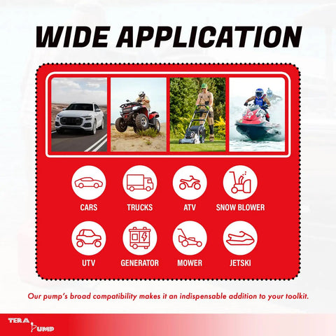 Wide application graphic showing compatibility of Grab And Go Cordless Fuel Transfer Pump Featuring Auto Stop Safety and Comfort Grip 4 Gpm Portable Gas Pump.
