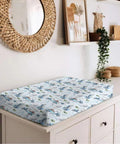 Unisex Baby Changing Pad Cover Cozy Soft Breathable Stretch Fabric 32x16 Inches Golf Themed Watercolor Blue Pattern Safe Snug Fitted Diaper Table Sheet For Boys And Girls on white dresser