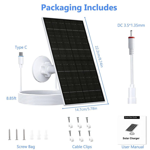 7W Solar Panel For Ring Security Cameras Charger With USB C And 3.5mm Port, IP66 Waterproof, 8.8 ft Cable, 360 Degree Mount, Packaging