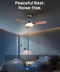 Smart Ceiling Fan With Lights, 42 Inch Black, 12 Speeds, 3 Modes in a bedroom setting emphasizing quiet operation.
