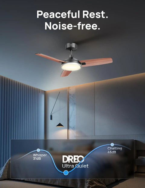 Smart Ceiling Fan With Lights, 42 Inch Black, 12 Speeds, 3 Modes in a bedroom setting emphasizing quiet operation.