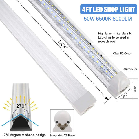 Close-up view of 10Pack 4Ft LED Shop Light 50W 8000LM 6500K Linkable T8 Tube With Clear Cover showing design and features