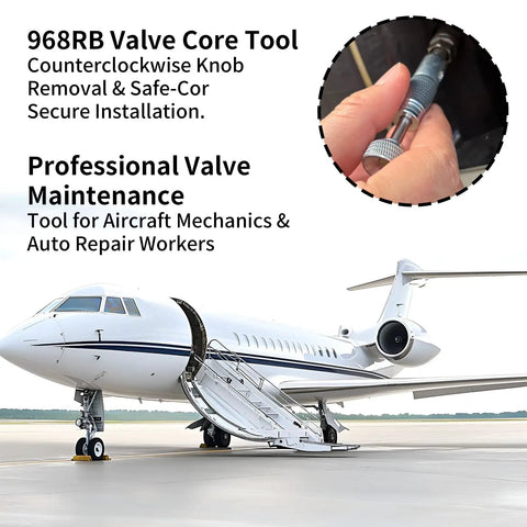 Valve Stem Removal And Installation Tool held by hand next to aircraft, for tires and tubeless setups quick safe deflation precise fit
