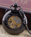 Rudder Design Skeleton Mechanical Pocket Watch Hand Wind For Men With Dope Black Dial Roman Numerals Vintage Steampunk Style Chain Included Box Gift Ready Premium Craftsmanship showing intricate case design.