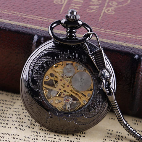 Rudder Design Skeleton Mechanical Pocket Watch Hand Wind For Men With Dope Black Dial Roman Numerals Vintage Steampunk Style Chain Included Box Gift Ready Premium Craftsmanship showing intricate case design.