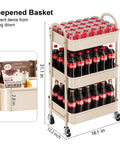 Beige 3 Tier Rolling Cart With Metal On Wheels holding Coca-Cola bottles, used for snacks storage, featuring deep baskets and dimensions.