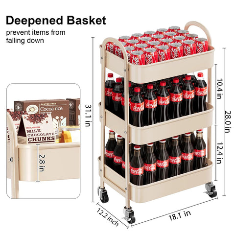 Beige 3 Tier Rolling Cart With Metal On Wheels holding Coca-Cola bottles, used for snacks storage, featuring deep baskets and dimensions.