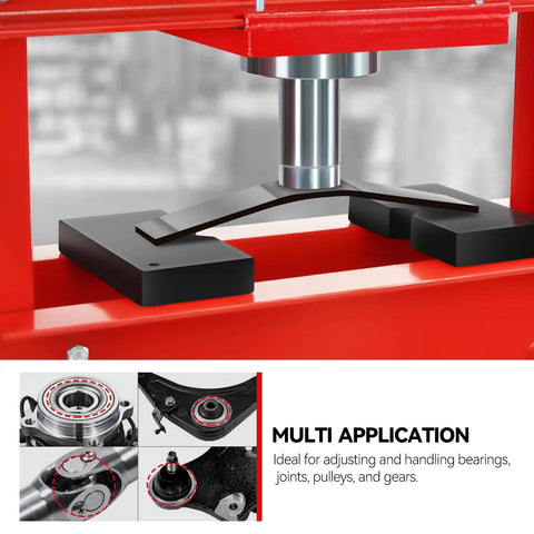 Heavy Hitter 30 Ton Hydraulic Air Pneumatic H Frame Shop Press With Movable Press Plate red detail of pressing tool for auto repairs.