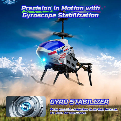 Indoor RC Helicopter For Beginners With Gyro And Altitude Hold 3.5 Channel in flight with a blue sky background