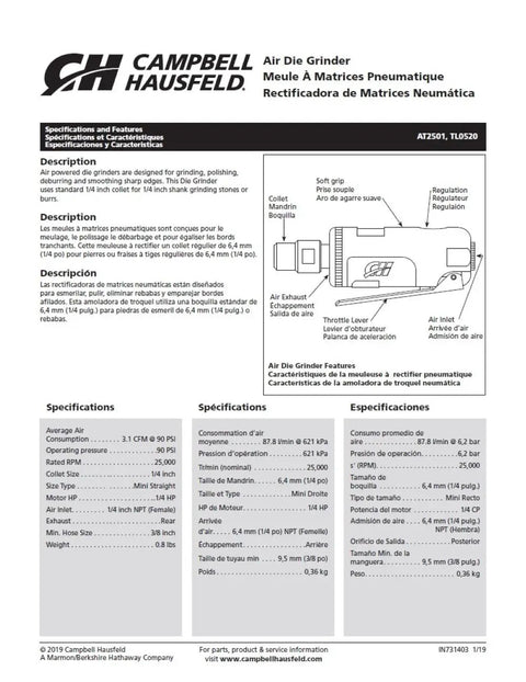Rugged 1/4 Inch Pneumatic Die Grinder Packing Hella Fast 25000 RPM Power For Straight Up Deburring Polishing And Metal Prep Jobs At Your Local Shop Today specifications and features sheet.