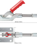 4 Pack Heavy Duty Push Pull Toggle Clamps Featuring Quick Release Lever And Tough As Nails Grip With Galvanized Steel Construction for jigs and workstations, showing dimensions.