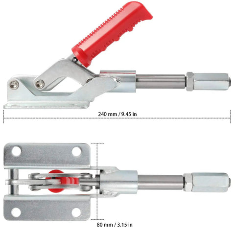 4 Pack Heavy Duty Push Pull Toggle Clamps Featuring Quick Release Lever And Tough As Nails Grip With Galvanized Steel Construction for jigs and workstations, showing dimensions.