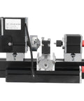 BTSEURY 12VDC Micro Lathe Machine with 60W motor, sturdy tailstock, and belt guard for precision wood and metal turning.