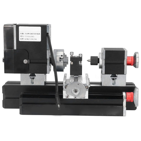 BTSEURY 12VDC Micro Lathe Machine with 60W motor, sturdy tailstock, and belt guard for precision wood and metal turning.