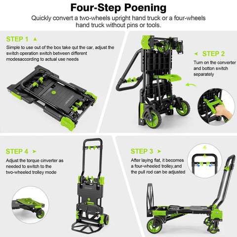 Straight Up Heavy Duty Folding Hand Truck Dolly Flips Between Four And Two Wheels And Handles Three Hundred Thirty Pounds Like A Boss For Quick Errands And Heavy Loads In Durable Green Finish