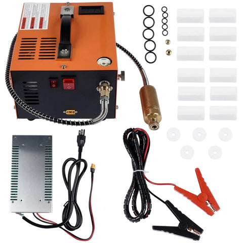 Rock Solid Heavy Duty High Pressure Portable Pcp Air Compressor Pushes Hard To 4500 Psi With Brushless Motor components and accessories layout.