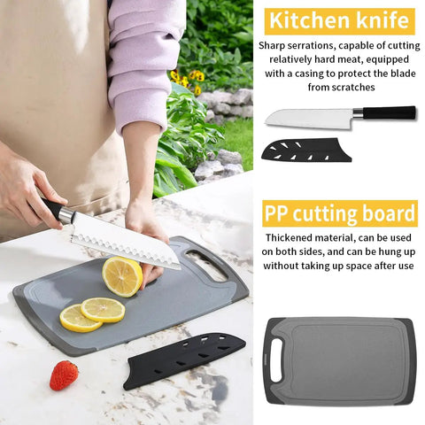 15 Piece Camping Kitchen Utensil Set For RVs Camping Backpacking And Travel Premium Outdoor Cooking Tools Must Have Gear Camper Gadgets And Picnic Essentials showing knife and cutting board