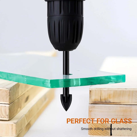 Glass and tile drill bit, 3/16 inch, carbide-tipped spear cutter, 1/4 hex shank, side view