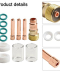 Upgrade Your Tig Welding Game With This Sweet 12 Piece Torch Accessory Kit Featuring Gas Lens And Glass Cup For Cleaner Arcs And Precise Control On Pipes And Tight Spots Without Any Turbulence Or Mess. Image shows copper collets, glass cups, and O-rings.