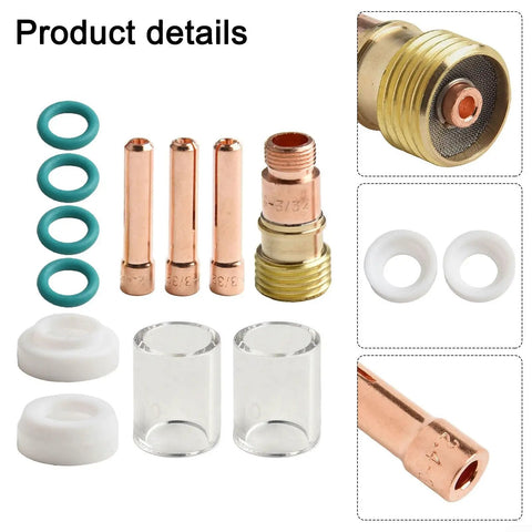 Upgrade Your Tig Welding Game With This Sweet 12 Piece Torch Accessory Kit Featuring Gas Lens And Glass Cup For Cleaner Arcs And Precise Control On Pipes And Tight Spots Without Any Turbulence Or Mess. Image shows copper collets, glass cups, and O-rings.
