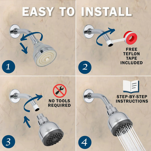 High Pressure Shower Head That Delivers Real Power With A 3 Inch Spray Face, Wall Mount, Anti Clog Nozzles, And An Adjustable Brass Ball Joint, 2.5 GPM, Beats Weak Water For Apartments, Older Homes, And RV Baths, Polished Chrome installation steps with no tools needed.