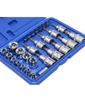 Heavy Duty 29 Piece Torx Socket Bit Set With Star Screwdriver Heads Plus Metric Sockets For Tough Rusted Bolts And Stuck Nuts Easy Grip Professional Grade Tool Kit Case Included blue case with chrome bits and metric sockets