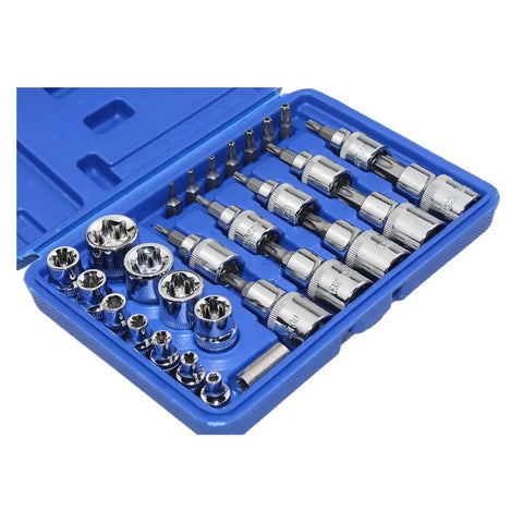 Heavy Duty 29 Piece Torx Socket Bit Set With Star Screwdriver Heads Plus Metric Sockets For Tough Rusted Bolts And Stuck Nuts Easy Grip Professional Grade Tool Kit Case Included blue case with chrome bits and metric sockets