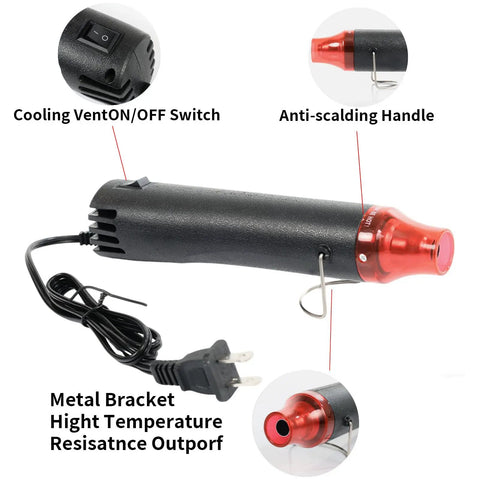 Crafts Heat Gun 110V 300W Handy Hot Air Tool features cooling vent, anti-scalding handle, metal bracket for PVC shrink wrap