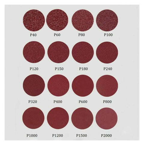Ultimate 25 Piece Hook Loop Sanding Discs Set With Grits From Rough 40 To Super Fine 3000, showing various grits on a color palette.